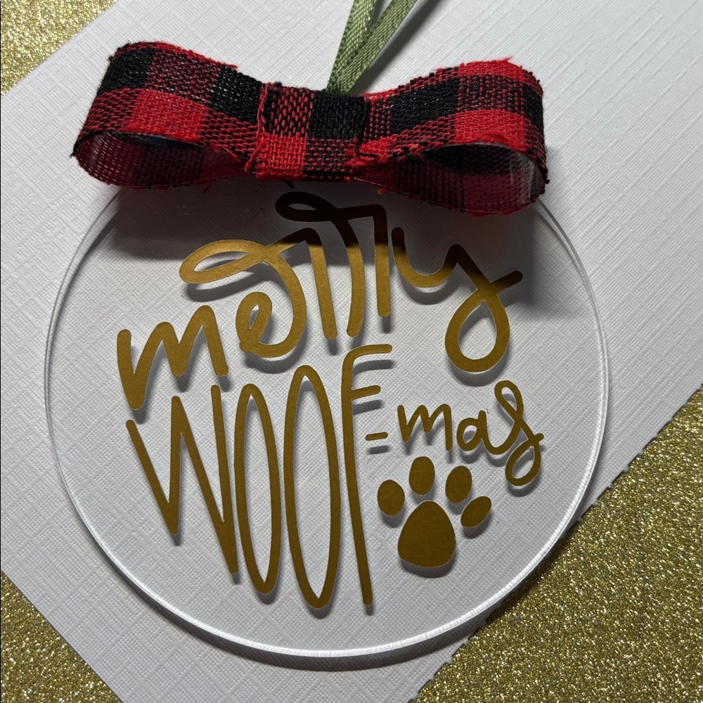 Merry Woof mas Holiday Christmas Tree Ornament with Red and Black Bow